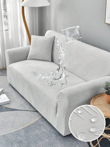 1pc Waterproof Light Grey Sofa Cover With Leaf Pattern