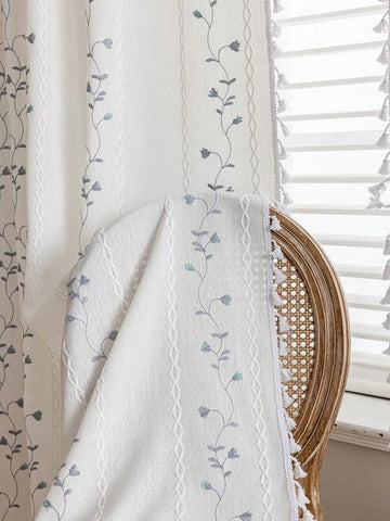 1pc Bohemian Embroidered Floral Tassel Curtain, 3D Crochet Geometric Striped Kitchen Curtain, Doorway, Room Divider, Sheer Curtain Suitable For Bedroom, Living Room, Kitchen, Study, Balcony, Bay Window, Garden Decor, All Season Home Decor
