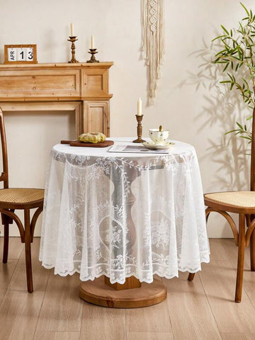 1pc White French Lace Round Tablecloth, Minimalist French Style Floral Round Table Cover Suitable For Living Room, Bedroom, Kitchen, Coffee Table, TV Cabinet Decoration