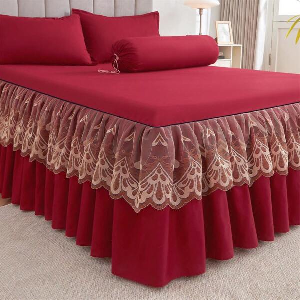 3pcs Bedskirt Set (1pc Bedskirt + 2pcs Pillowcases, No Pillow Insert), Solid Color Anti-Slip Bedding, Suitable For Bedroom And Guest Room, Machine Washable