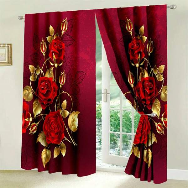 2PCS Romantic Rose Floral Printed Curtains For Valentine's Day. Rod Pocket Design With Soft Polyester Fabric, Semi-Sheer For Privacy. Elegant Prints Of Pink Roses And Butterflies, Perfect For Living Room, Bedroom, Kitchen And Cafes.
