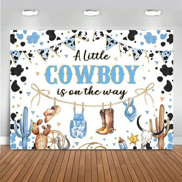 Cowboy Shower Wall Tapestry For Boy Blue A Little Cowboy Is On The Way Party Decorations Wall Decor Wild West Western Rodeo Cow Country
