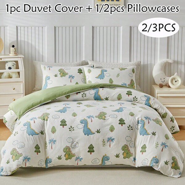 2/3pcs Green Dinosaur Pattern Bedding Set, Cartoon Cute Polyester Duvet Cover Pillowcase Bedding Set, Suitable For All Seasons, Soft & Breathable, Machine Washable, Gift For Boys, Girls, Children (1 Duvet Cover + 1/2 Pillowcase, No Filler)