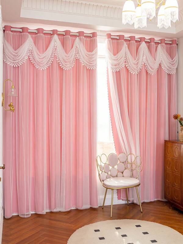 1pc [Grommet Top] European-Style All-In-One Curtain With Elegant Fabric Skirt, Blackout Lining + Sheer, Suitable For Bedroom, Living Room, Dining Room, Urban Soft Furnishing Style, Compatible With Multiple Rod Installation