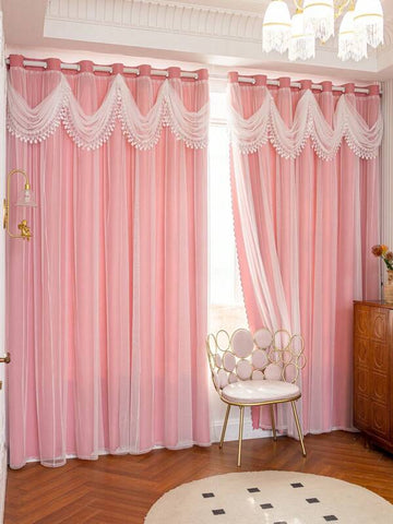 1pc [Grommet Top] European-Style All-In-One Curtain With Elegant Fabric Skirt, Blackout Lining + Sheer, Suitable For Bedroom, Living Room, Dining Room, Urban Soft Furnishing Style, Compatible With Multiple Rod Installation