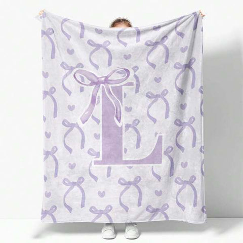 Purple Bow Throw Blanket,Personalized Initial L Soft Fluffy Cozy Flannel Blanket,Monogrammed Gifts For Daughter Women,Customized Blanket For Bedding Bedroom Office,50x60in-Dorm Decor/Dorm Room Essentials College/Bedroom Decor/Camping