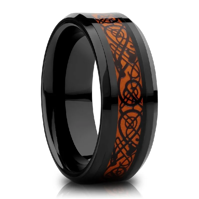 Geometric - Shaped Fashion Rings in Titanium with Iridescent InlaysDragon Tungsten Carbide Wedding Ring 8Mm Orange Inlay Cobalt Free Comfort Fit