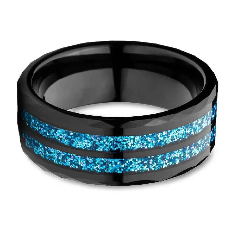 Adjustable Fashion Rings in Leather and Brass with a Tribal - Inspired DesignBlack Tungsten Wedding Ring 8Mm Blue Glitter Inlay Comfort Fit Cobalt Free