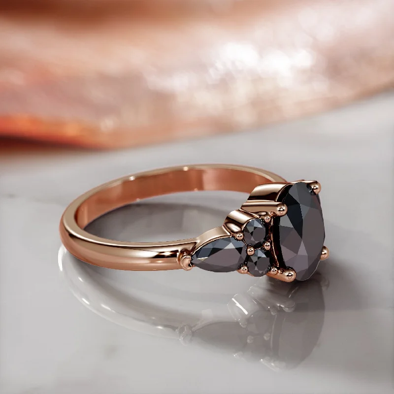 Women's Diamond Rings with Sapphire Accents in Blue for a Colorful and Sophisticated TouchHidden Nodes - Art Deco Natural Black Diamond Oval Engagement Ring in Rose Gold