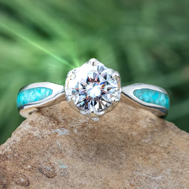 Men's Topaz Engagement Rings in 10K Gold with a Channel - Set Diamond BandMoissanite Platinum Engagement Ring with Crushed Turquoise