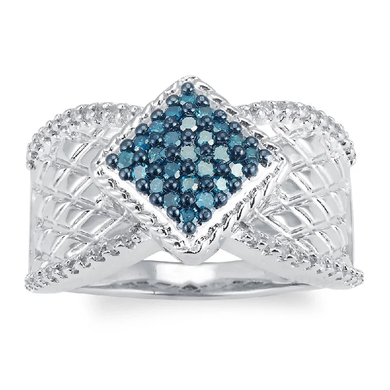 Cathedral - Style Women's Diamond Rings with a Raised Center Setting and Elaborate MetalworkSterling Silver 1/2 cttw Blue and White Diamond Square Ring