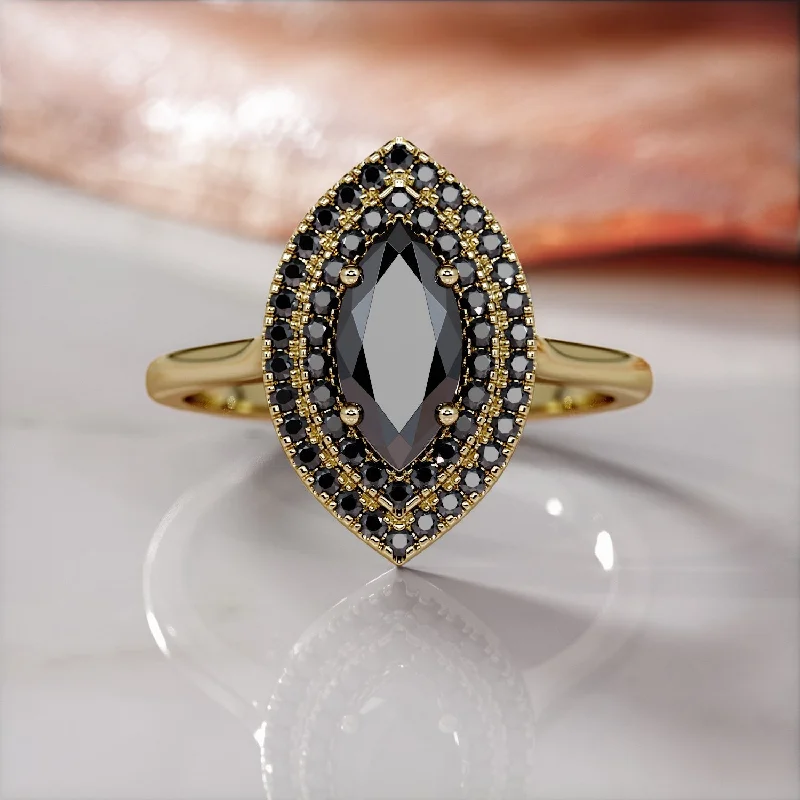 Pear - Shaped Women's Diamond Rings in Yellow Gold with a Single - Diamond Pendant LookShineless Rays -   Double Halo  Natural Black Diamond Marquis Engagement Ring  in Yellow Gold