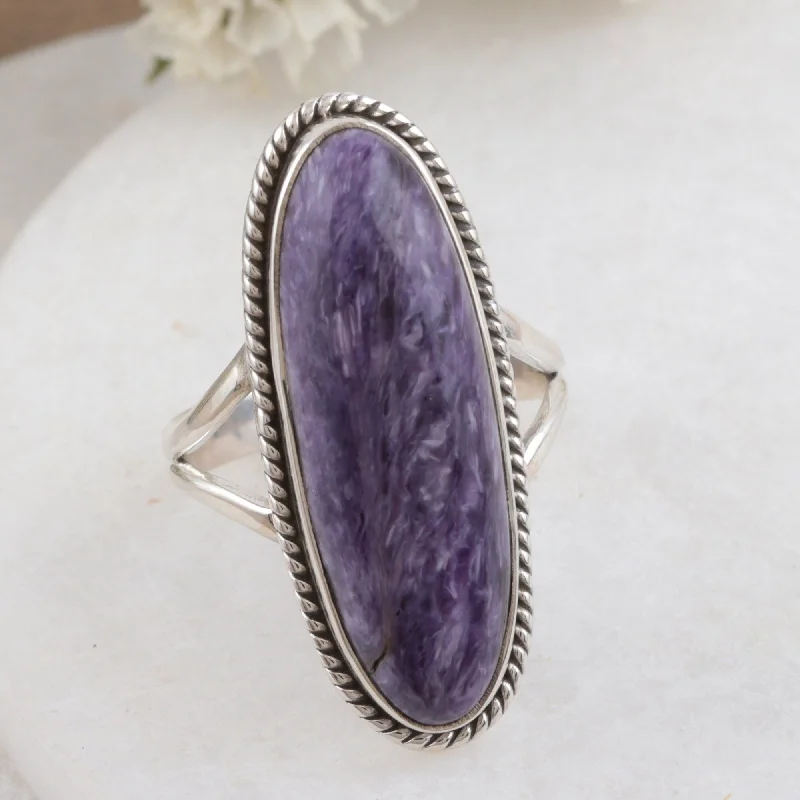 Bangle - Style Fashion Rings in Rose - Gold - Plated Aluminum with Etched PatternsNovica Handmade Storm Cloud Charoite Cocktail Ring