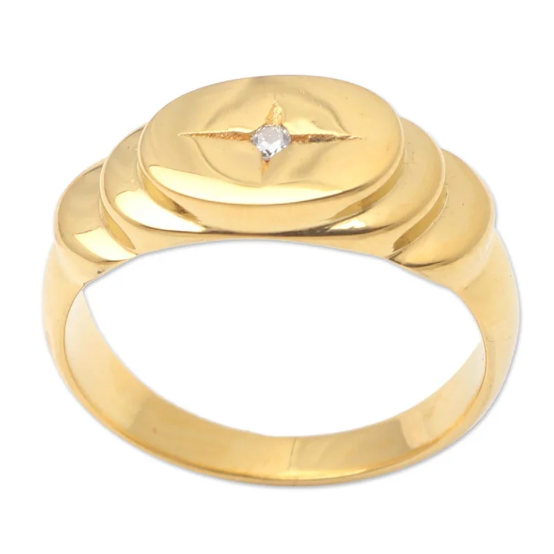 Novica Handmade Oval Cross Gold-Plated Cubic Zirconia Cocktail Ring