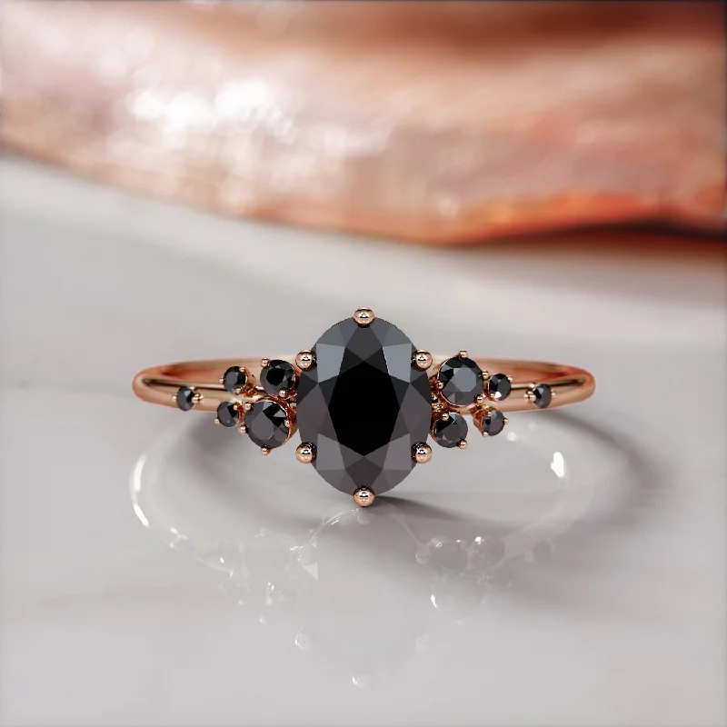 Pear - Shaped Women's Diamond Rings in Yellow Gold with a Single - Diamond Pendant LookVelouria - Cluster Natural Black Diamond Oval Engagement Ring in Rose Gold