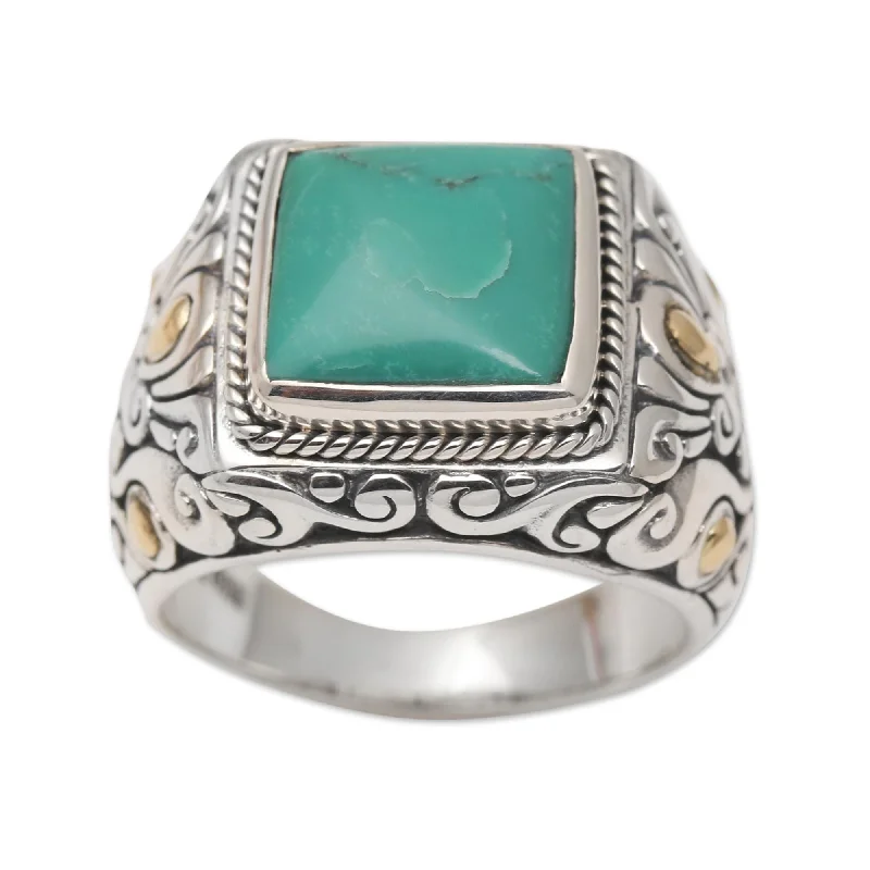 Enamel - Coated Fashion Rings in Bright Colors with Animal - Print PatternsNovica Handmade Kuta Blue Men'S Gold Accented Sterling Silver Ring