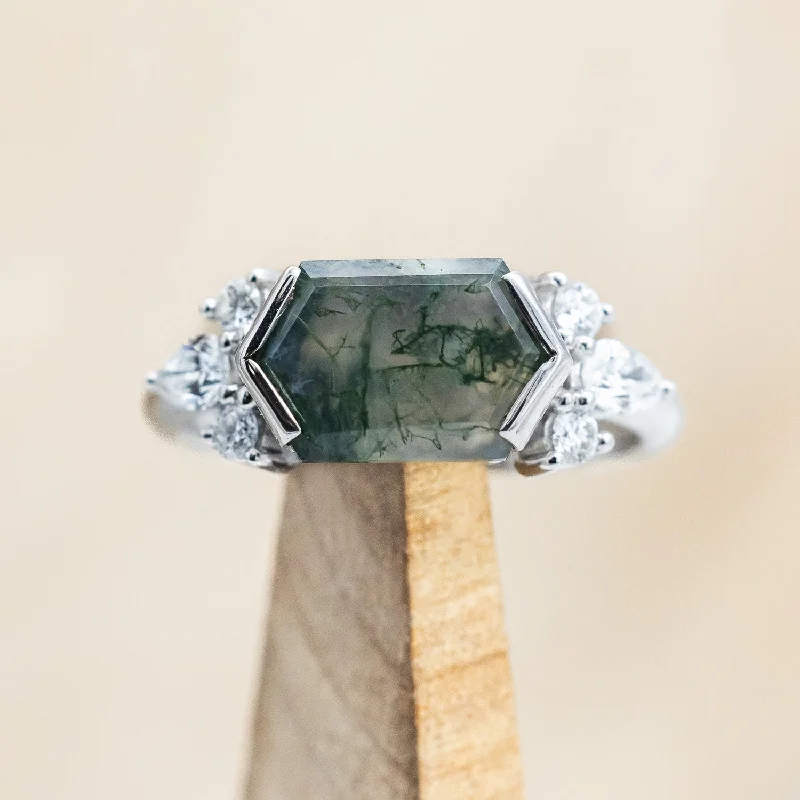 Men's Tanzanite Engagement Rings in Palladium with a Three - Stone Arrangement"SILVIA" - ELONGATED HEXAGON MOSS AGATE ENGAGEMENT RING WITH DIAMOND ACCENTS