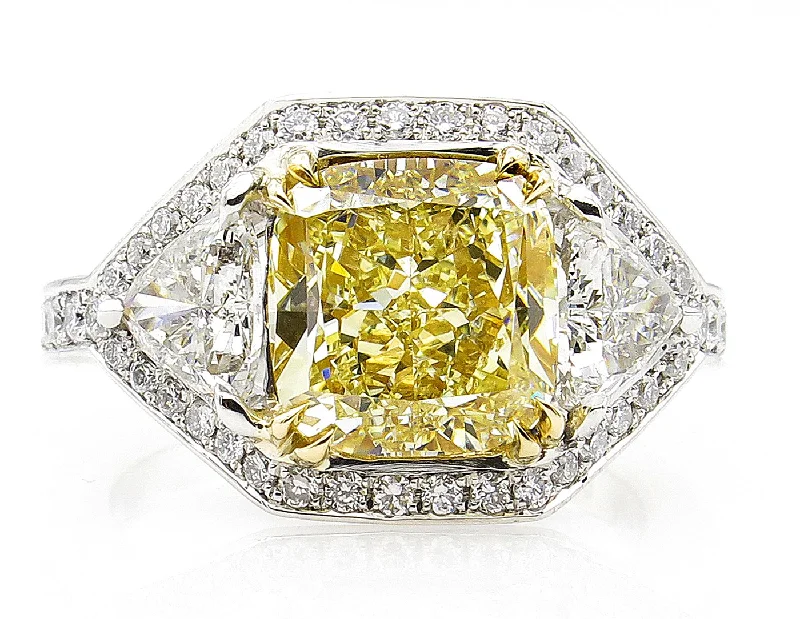 Adjustable Women's Diamond Rings with a Flexible Band for a Comfortable and Custom FitGIA 5.10ct Estate Vintage Fancy Yellow Cushion Diamond 3 Stone Engagement ring in Platinum/18k YG