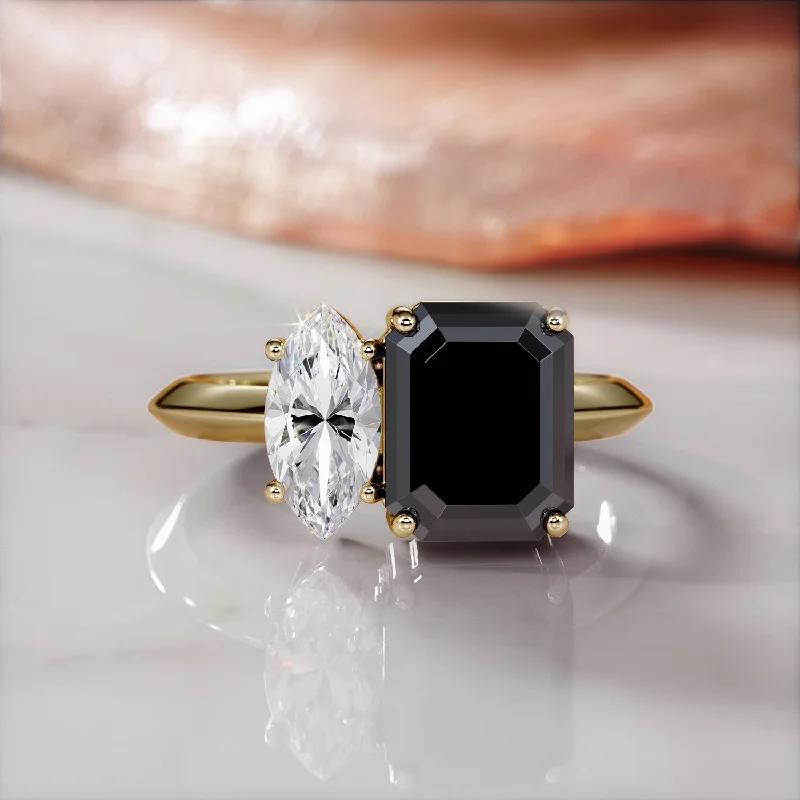 Channel - Set Women's Diamond Rings with Diamonds Securely Held in a Metal Groove for DurabilityMercury'S Moons -   Two Stone  Natural Black Diamond Emerald Engagement Ring  in Yellow Gold