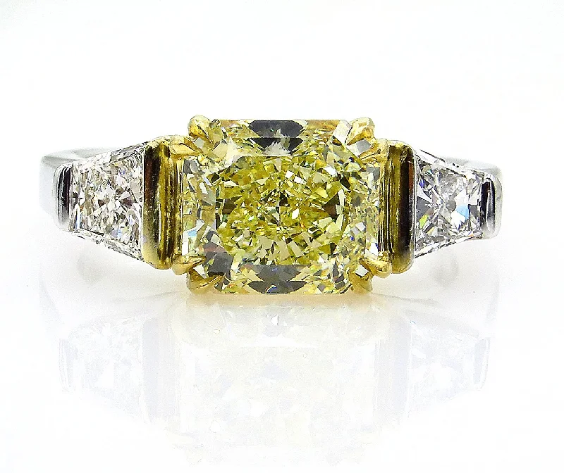 Cathedral - Style Women's Diamond Rings with a Raised Center Setting and Elaborate MetalworkEstate "Canary" GIA 2.83ct Natural Fancy Yellow RADIANT 3 Stone Diamond Engagement Platinum Ring