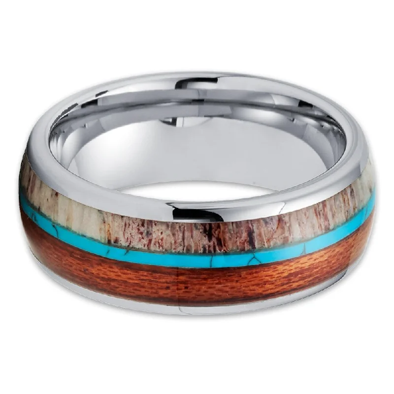 Textured Fashion Rings in Pewter with Hammered and Embossed SurfacesDeer Antler Tungsten Wedding Ring 8Mm Turquoise Koa Wood Comfort Fit - Silver