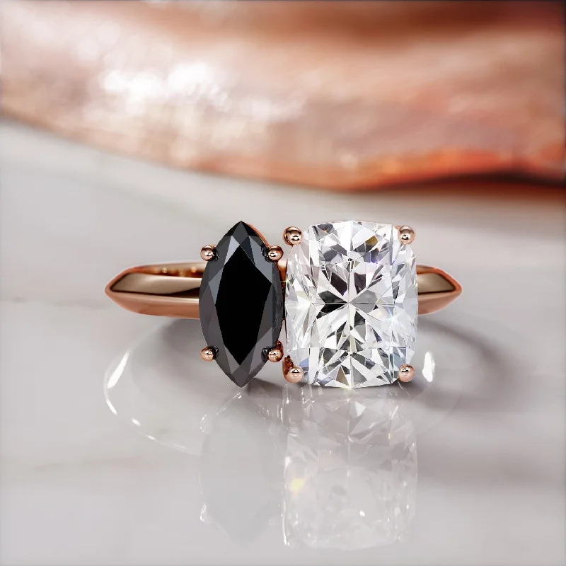 Signature - Design Women's Diamond Rings with a Brand - Specific Pattern and High - Quality DiamondsJupiter'S Moons -   Two Stone  Natural Black Diamond Marquise Engagement Ring  in Rose Gold