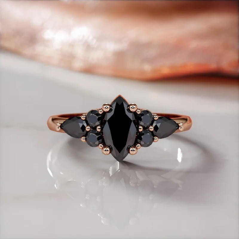 Adjustable Women's Diamond Rings with a Flexible Band for a Comfortable and Custom FitHidden Nodes -   Art Deco  Natural Black Diamond Marquise Engagement Ring  in Rose Gold