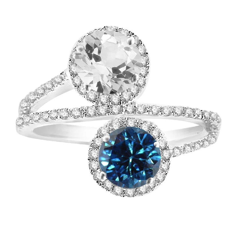 Art Deco - Inspired Women's Diamond Rings with Geometric Designs and Baguette - Cut DiamondsSterling Silver with Genuine Blue Diamond and White Topaz Halo Ring