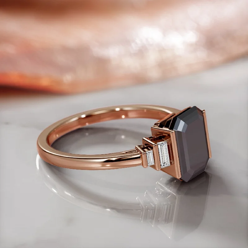 Marquise - Cut Women's Diamond Rings in Palladium for a Unique and Elongated ShapeNoir Desir - Art Deco Natural Black Diamond Emerald Engagement Ring in Rose Gold