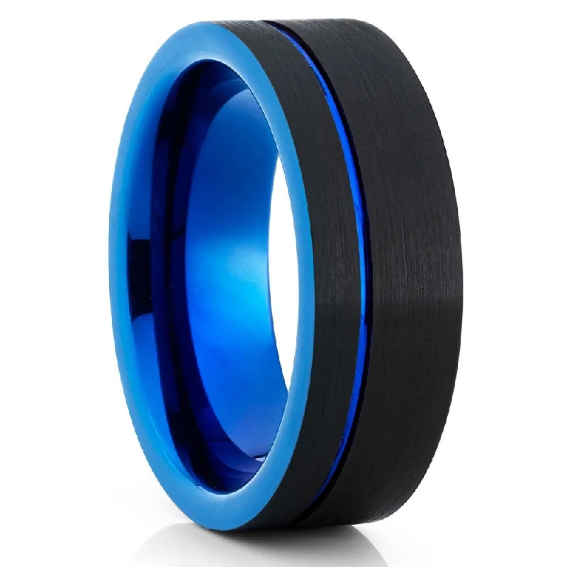 Enamel - Coated Fashion Rings in Bright Colors with Animal - Print PatternsBlue Black Tungsten Wedding Ring Engagement Offset Groove 8Mm Cobalt Free Sizes 513