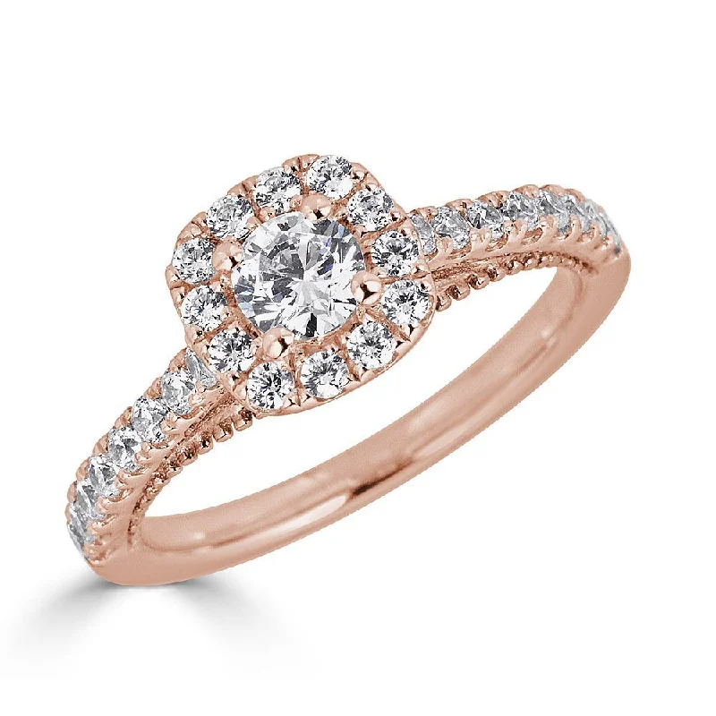 Men's Ruby Engagement Rings in Rose Gold with a Solitaire Design for a Romantic GestureJULEVE 14KT GOLD 3/4 CTW DIAMOND CUSHION HALO CATHEDRAL RING