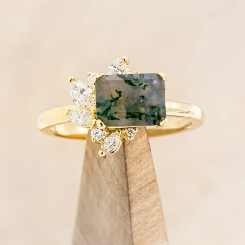 Men's Turquoise Engagement Rings in 925 Silver with a Southwestern - Inspired Band"AURAE" - EMERALD CUT MOSS AGATE ENGAGEMENT RING WITH DIAMOND ACCENTS