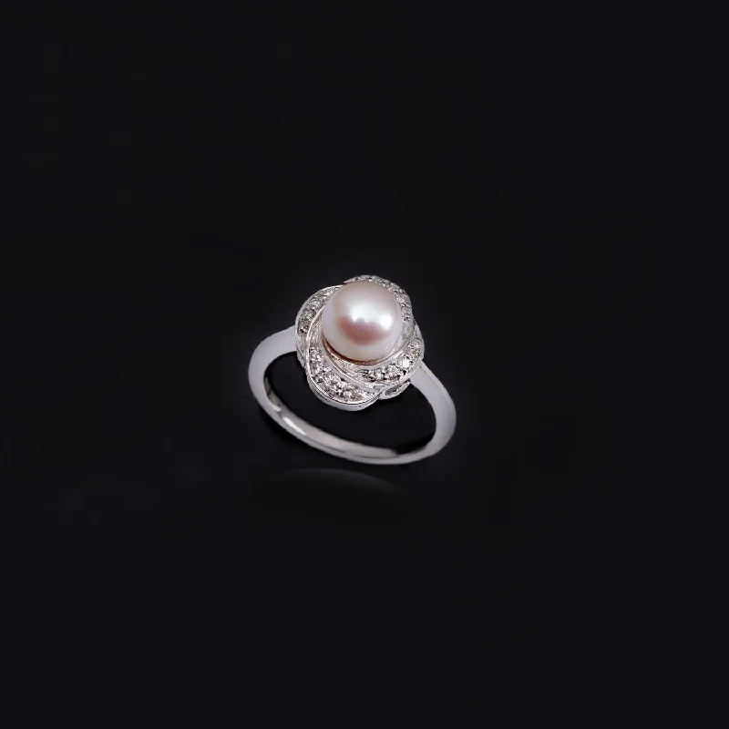 Vintage - Style Women's Diamond Rings with Floral - Engraved Bands and Multiple Diamond Accents18K WG Diamond with Pearl Ring-1pc