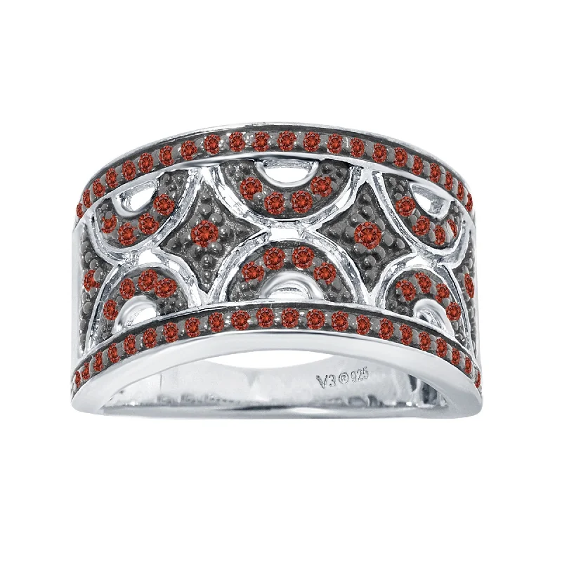 Vintage - Style Women's Diamond Rings with Floral - Engraved Bands and Multiple Diamond AccentsSterling Silver with Genuine Red Diamond Geo Design Band Ring