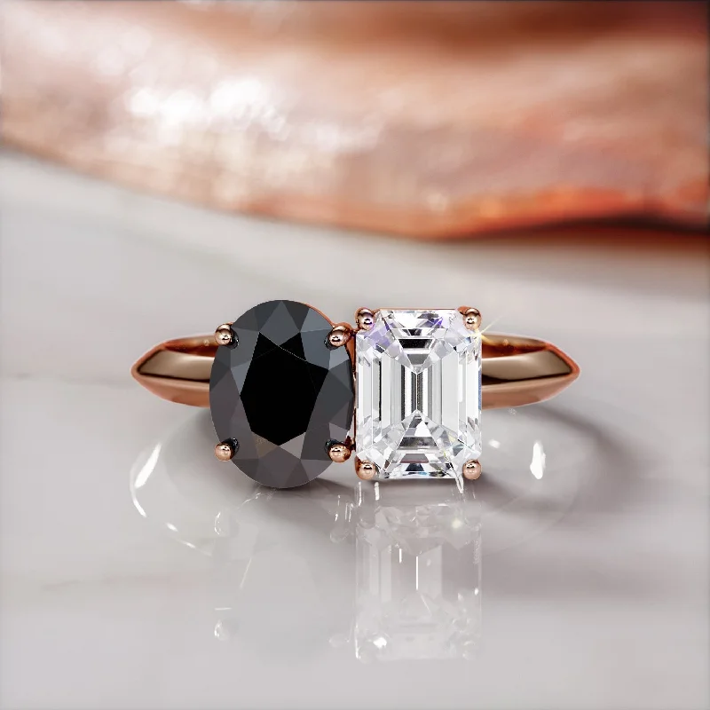 Three - Stone Women's Diamond Rings Symbolizing Past, Present, and Future with Emerald - Cut DiamondsVenus Moons -   Two Stone  Natural Black Diamond Oval Engagement Ring  in Rose Gold