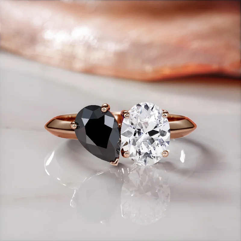 Art Deco - Inspired Women's Diamond Rings with Geometric Designs and Baguette - Cut DiamondsPluto'S Moons -   Two Stone  Natural Black Diamond Pear Engagement Ring  in Rose Gold