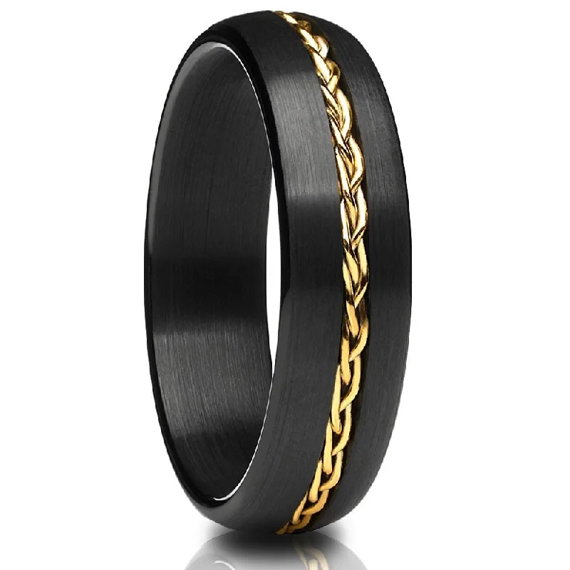 Adjustable Fashion Rings in Leather and Brass with a Tribal - Inspired DesignBlack Tungsten Wedding Ring 6Mm Comfort Fit Brushed Yellow Gold Plated