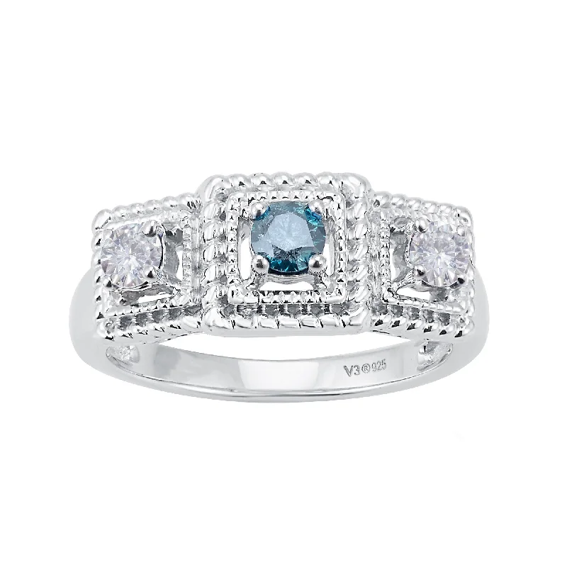 Channel - Set Women's Diamond Rings with Diamonds Securely Held in a Metal Groove for DurabilitySterling Silver with Genuine Blue Diamond and Moissanite Ring