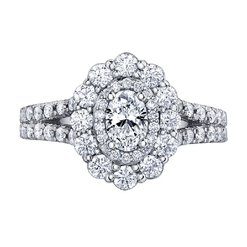 Cathedral - Style Women's Diamond Rings with a Raised Center Setting and Elaborate MetalworkOval Canadian Diamond Ring with Double Halo