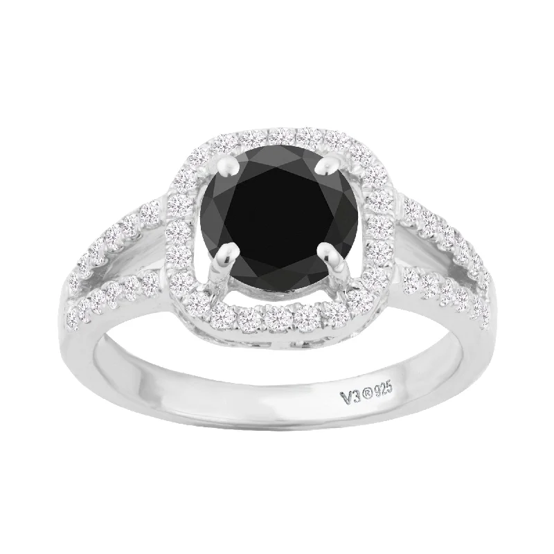 Signature - Design Women's Diamond Rings with a Brand - Specific Pattern and High - Quality DiamondsSterling Silver with Natural Black Diamond and White Diamond Halo Ring