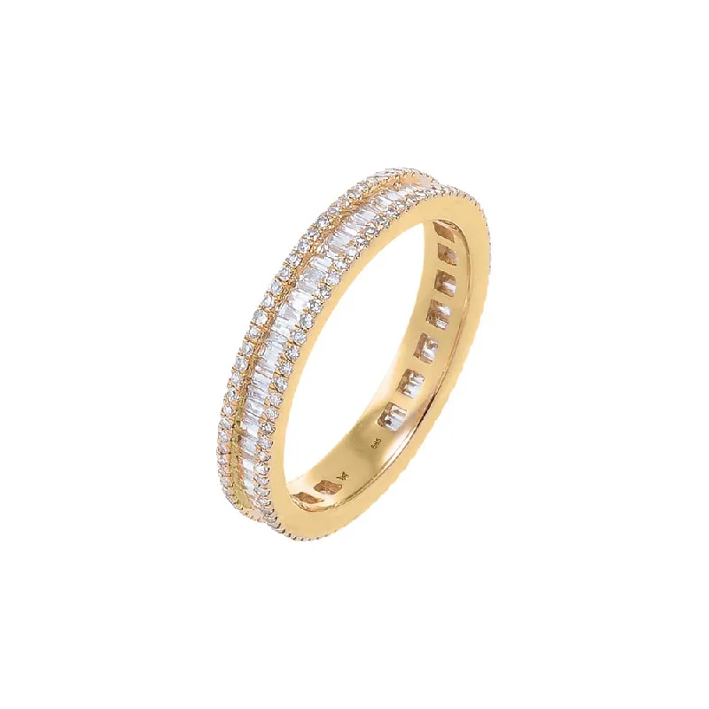 Three - Stone Women's Diamond Rings Symbolizing Past, Present, and Future with Emerald - Cut DiamondsDiamond Pave X Baguette Eternity Band 14K