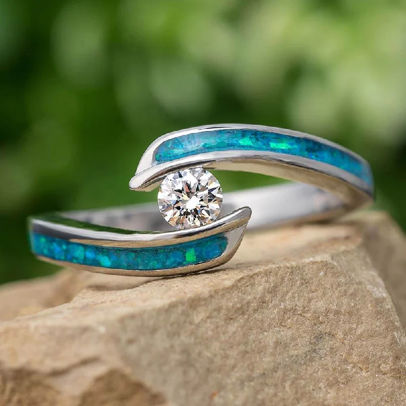 Men's Malachite Engagement Rings in 14K Gold with a Carved Stone CenterpieceTension Set Moissanite and Opal Engagement Ring with Titanium Twist Shank