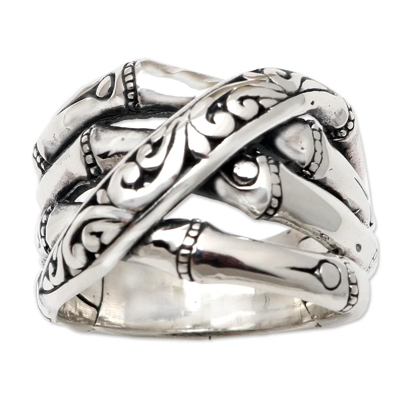 Open - Band Fashion Rings in Sterling Silver with Gemstone InlaysNovica Handmade Traditional Bamboo Sterling Silver Band Ring