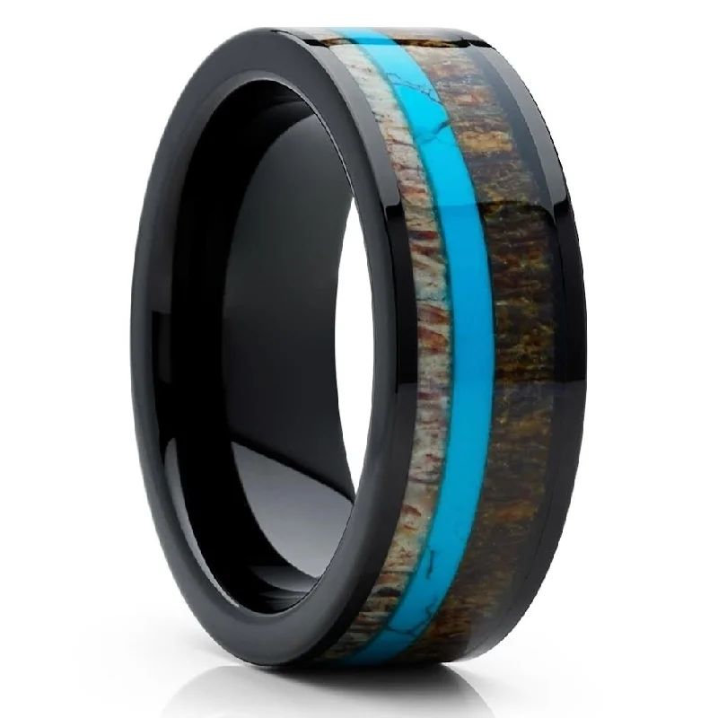 Fashion Rings with Initial Charms in Silver - Plated Metal for a Custom AccessoryDeer Antler Black Tungsten Ring 8Mm Turquoise Inlay Comfort Fit Cobalt Free