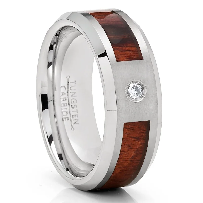 Adjustable Fashion Rings in Leather and Brass with a Tribal - Inspired DesignKoa Wood Tungsten Carbide Wedding Ring 8Mm Cz Inlay Comfort Fit Sizes 712 - Silver