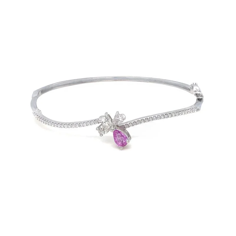 Vintage - Inspired Bangle Bracelets with Filigree and Rhinestone Accents9K White Gold Diamond & Pink Sapphire Bangle