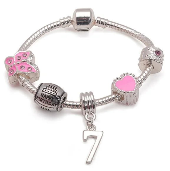 Chamm Bracelets for yoga loversChildren's Pink 'Happy 7th Birthday' Silver Plated Charm Bead Bracelet