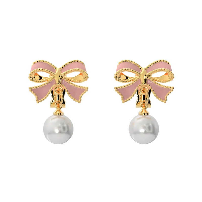 Rainbow - Colored Enameled Butterfly Stud Earrings for a Playful and Colorful StatementPink Bow with Dangling Simulated Pearls Clip On Stud Earrings