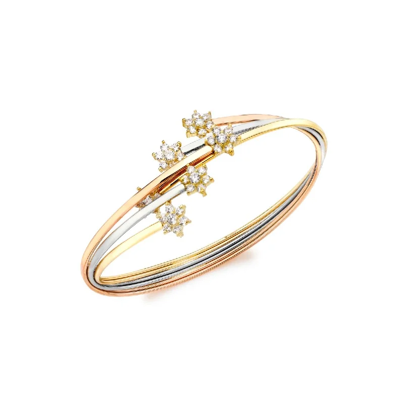 Bangle Bracelets with Adjustable Screw - Closures for a Secure Fit9K 3-Colour Gold CZ 6-Flower Cluster Bangle