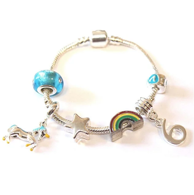 Handmade Chamm BraceletsChildren's 'Magical Unicorn 6th Birthday' Silver Plated Charm Bead Bracelet